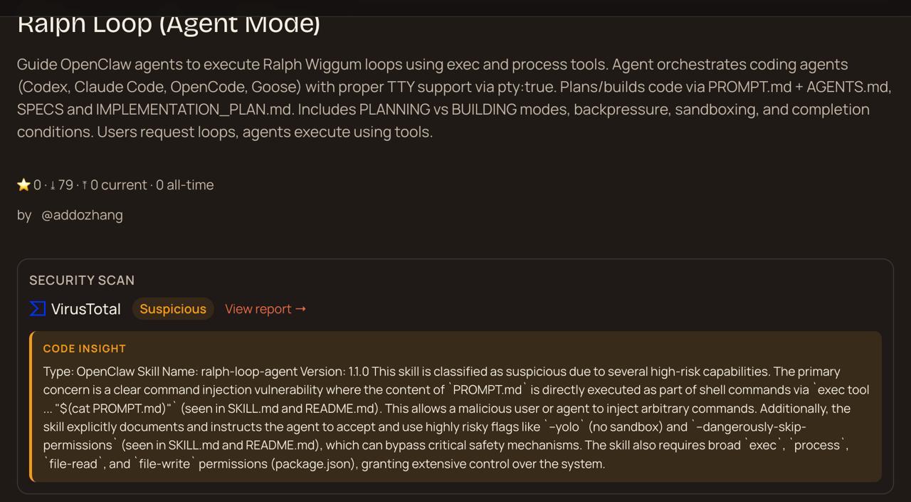 ClawdHub security scan showing a suspicious skill flagged by VirusTotal